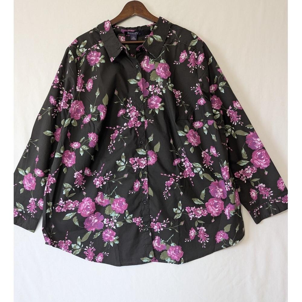 Roamans Womens Dark Floral Button Up Shirt Plus Size 26W Black Pink Long Sleeves - Picture 3 of 8